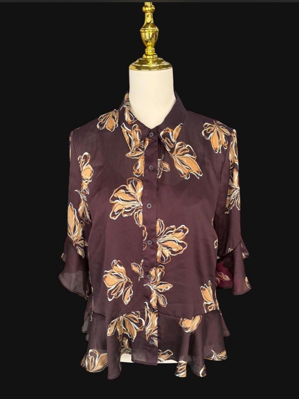 Nine West Brown Floral Ruffle Peplum Button Up Blouse Tiered Sleeve Top Large